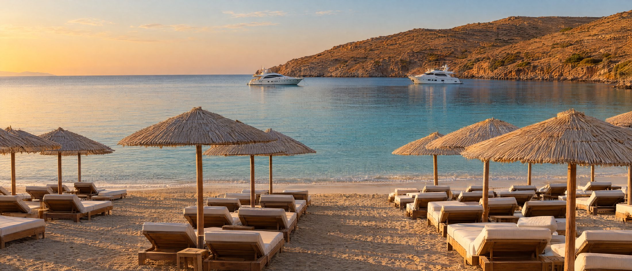 Rows of white sunbeds and straw parasols on a sheltered Aegean beach at golden hour