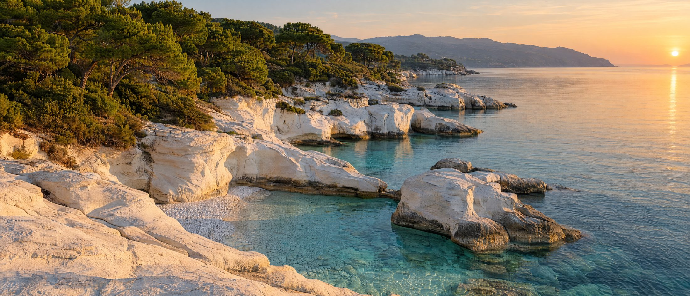 Sculpted white rock coves and umbrella pines above clear turquoise water