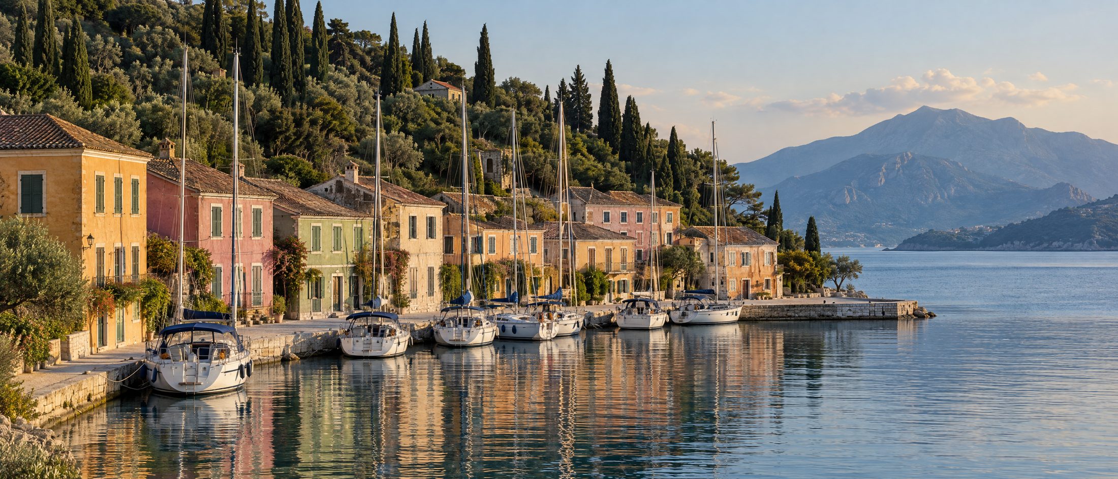 A pastel Ionian harbour with yachts moored along a stone quay in afternoon light